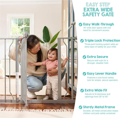 Safety 29"-49" Extra Wide Baby Gate, Bottom of Stairs & Doorways | Pressure Mounted with Door, For Babies, Toddlers & Pets, Platinum, Tested & Trusted for 30 Years