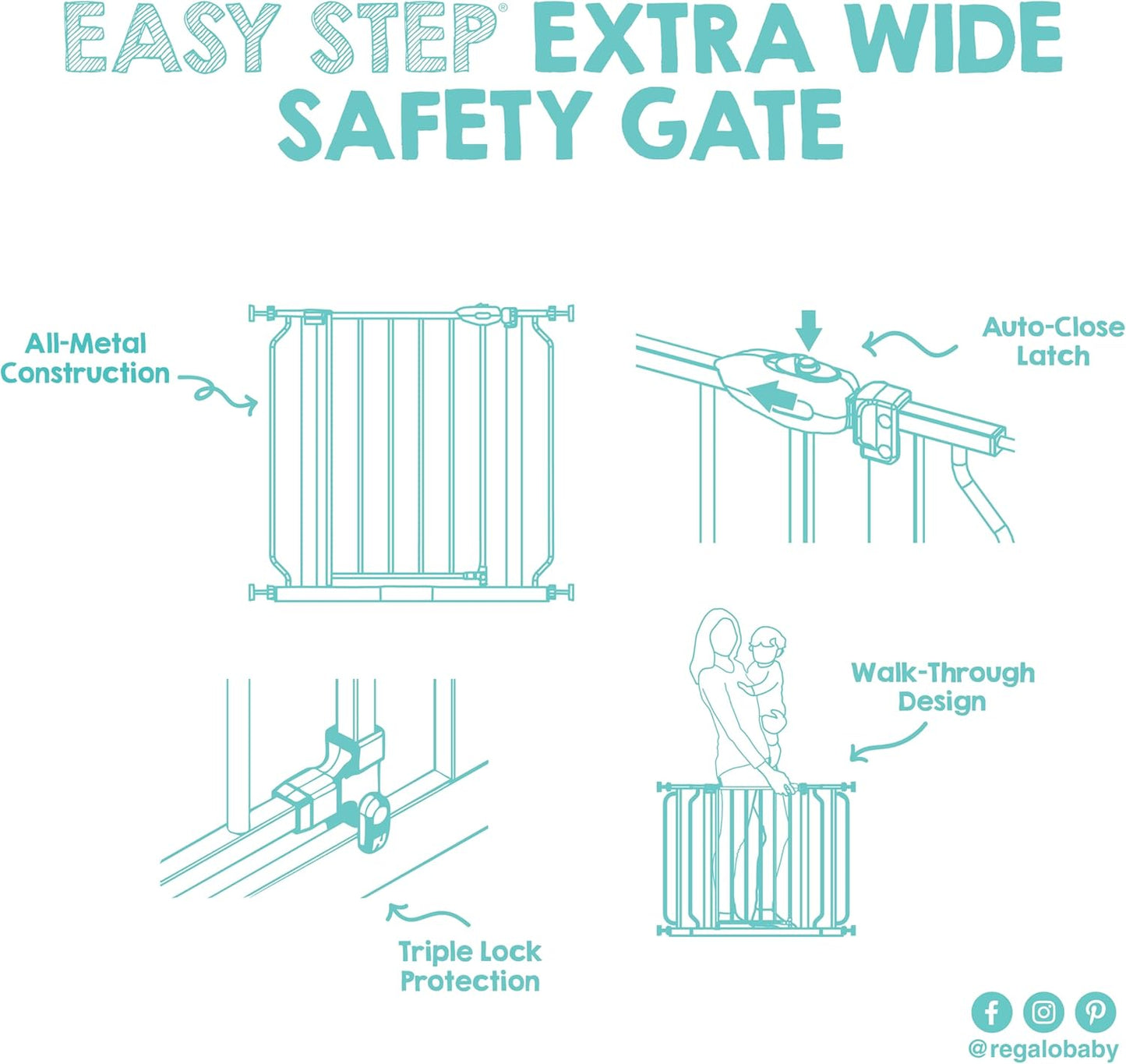 Safety 29"-49" Extra Wide Baby Gate, Bottom of Stairs & Doorways | Pressure Mounted with Door, For Babies, Toddlers & Pets, Platinum, Tested & Trusted for 30 Years