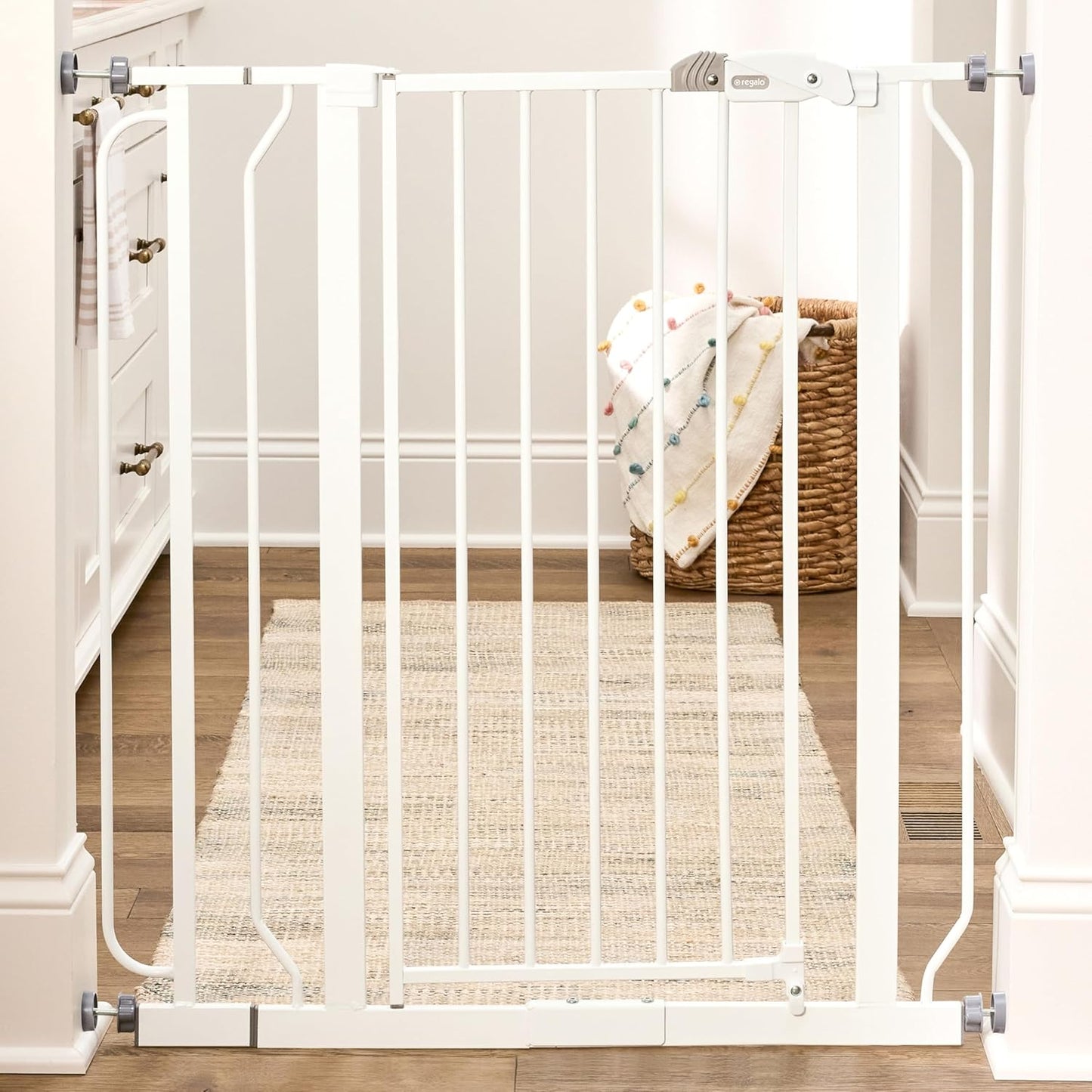 Safety 29"-49" Extra Wide Baby Gate, Bottom of Stairs & Doorways | Pressure Mounted with Door, For Babies, Toddlers & Pets, Platinum, Tested & Trusted for 30 Years
