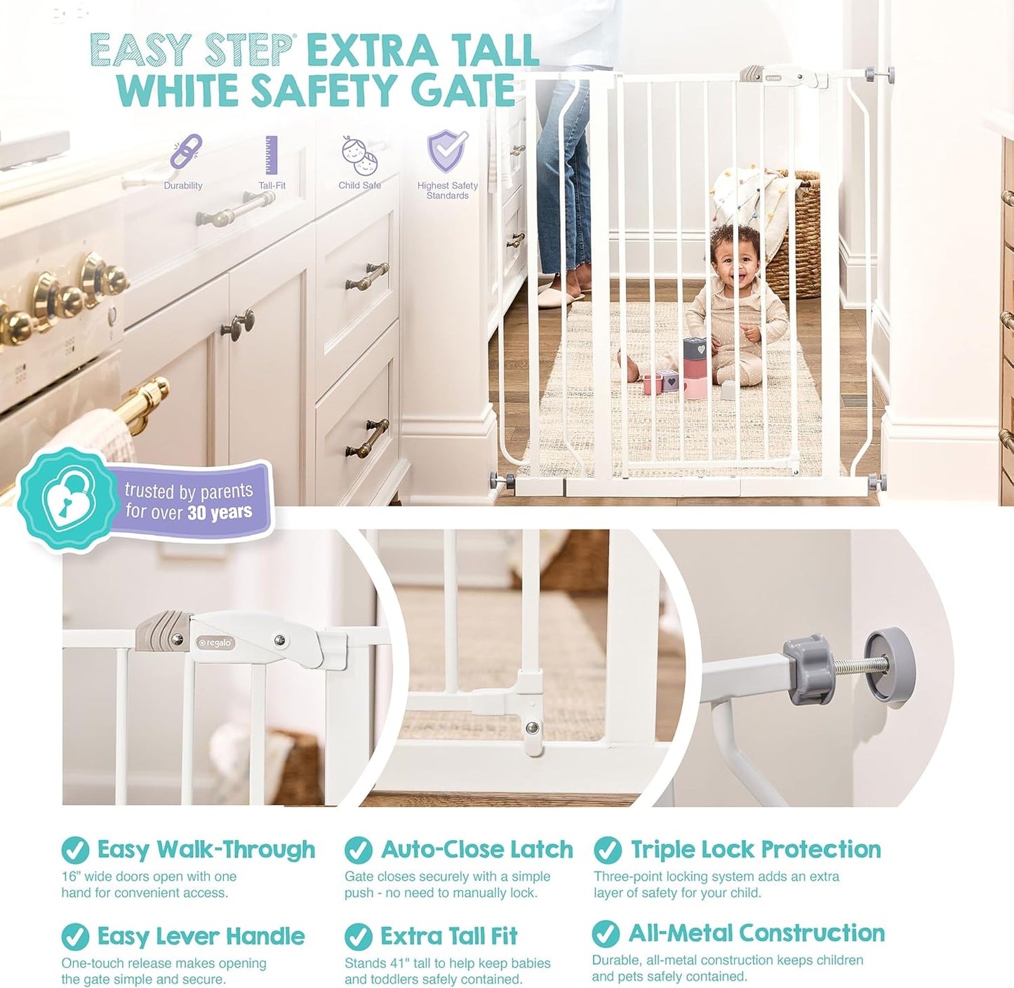 Safety 29"-49" Extra Wide Baby Gate, Bottom of Stairs & Doorways | Pressure Mounted with Door, For Babies, Toddlers & Pets, Platinum, Tested & Trusted for 30 Years
