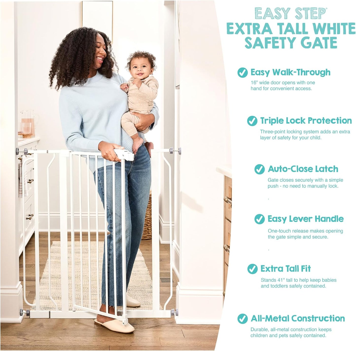 Safety 29"-49" Extra Wide Baby Gate, Bottom of Stairs & Doorways | Pressure Mounted with Door, For Babies, Toddlers & Pets, Platinum, Tested & Trusted for 30 Years