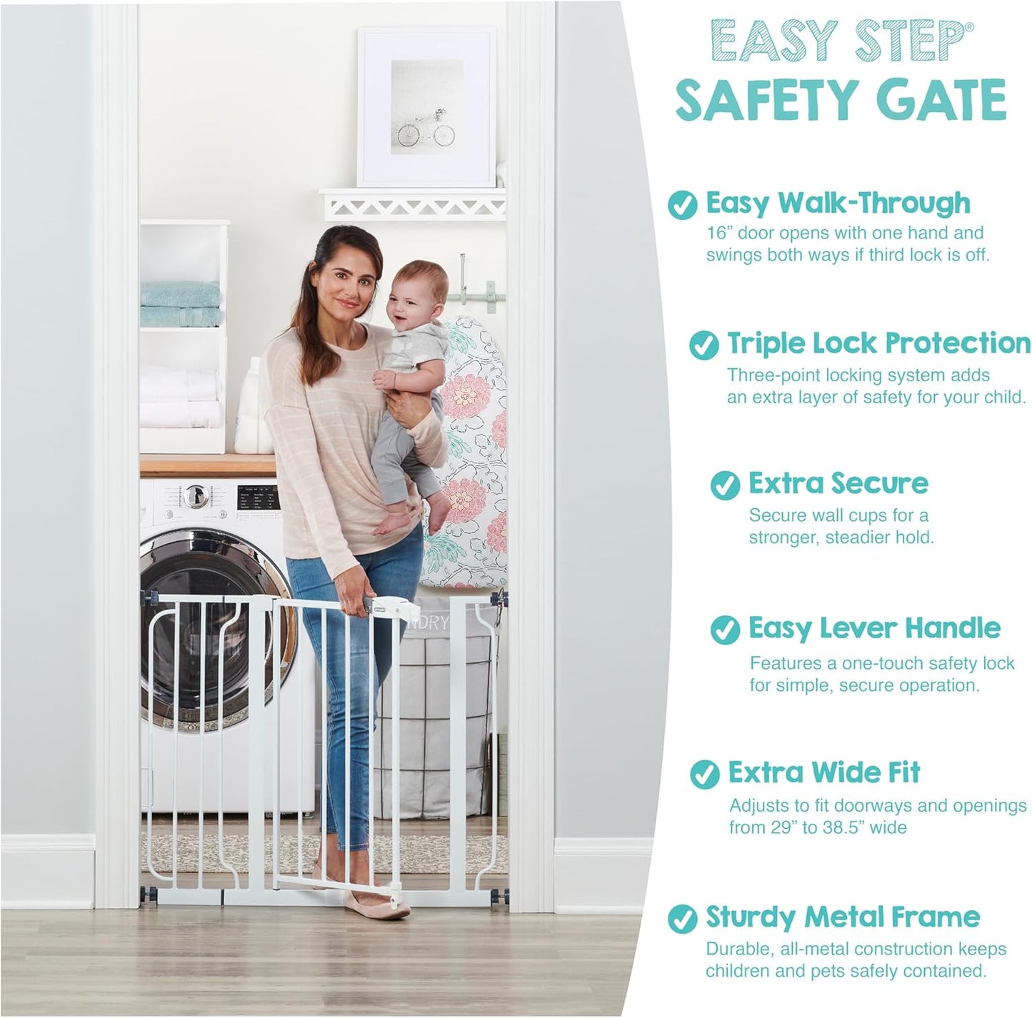 Safety 29"-49" Extra Wide Baby Gate, Bottom of Stairs & Doorways | Pressure Mounted with Door, For Babies, Toddlers & Pets, Platinum, Tested & Trusted for 30 Years