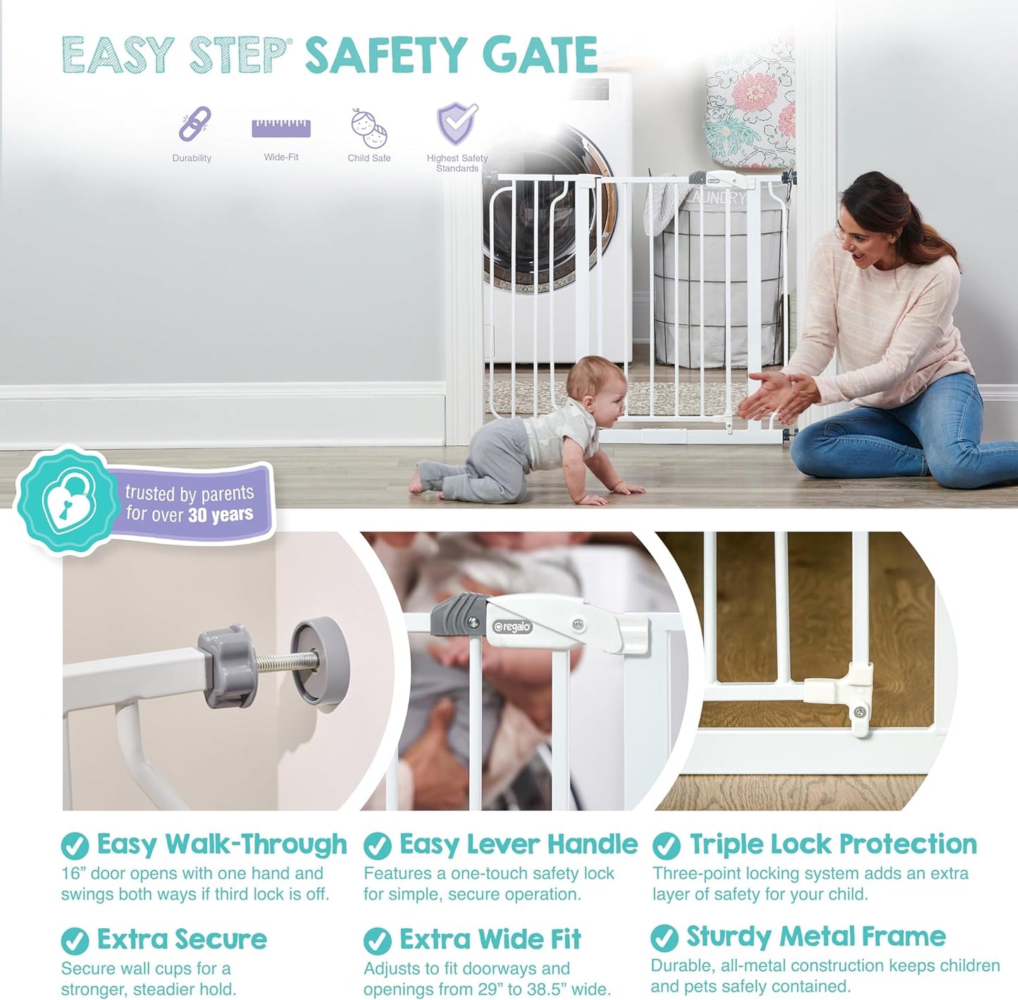 Safety 29"-49" Extra Wide Baby Gate, Bottom of Stairs & Doorways | Pressure Mounted with Door, For Babies, Toddlers & Pets, Platinum, Tested & Trusted for 30 Years