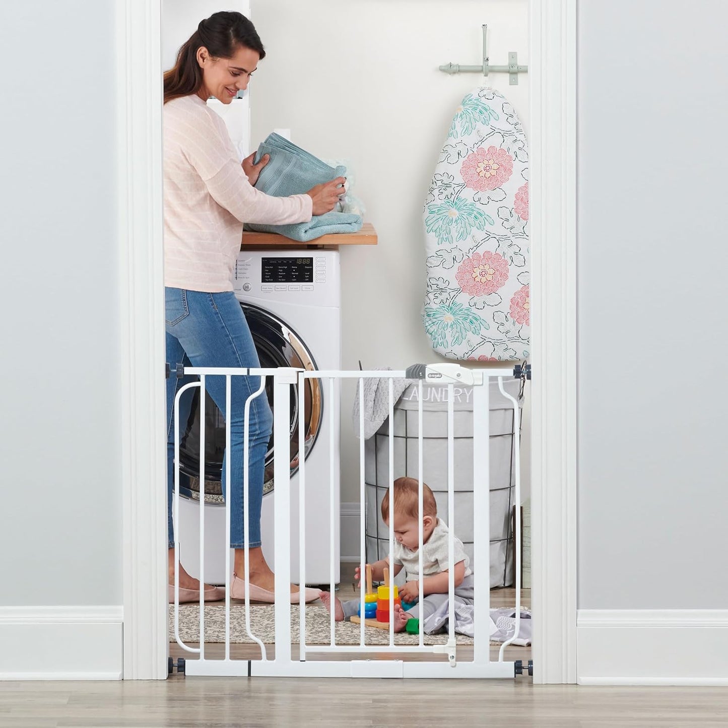 Safety 29"-49" Extra Wide Baby Gate, Bottom of Stairs & Doorways | Pressure Mounted with Door, For Babies, Toddlers & Pets, Platinum, Tested & Trusted for 30 Years