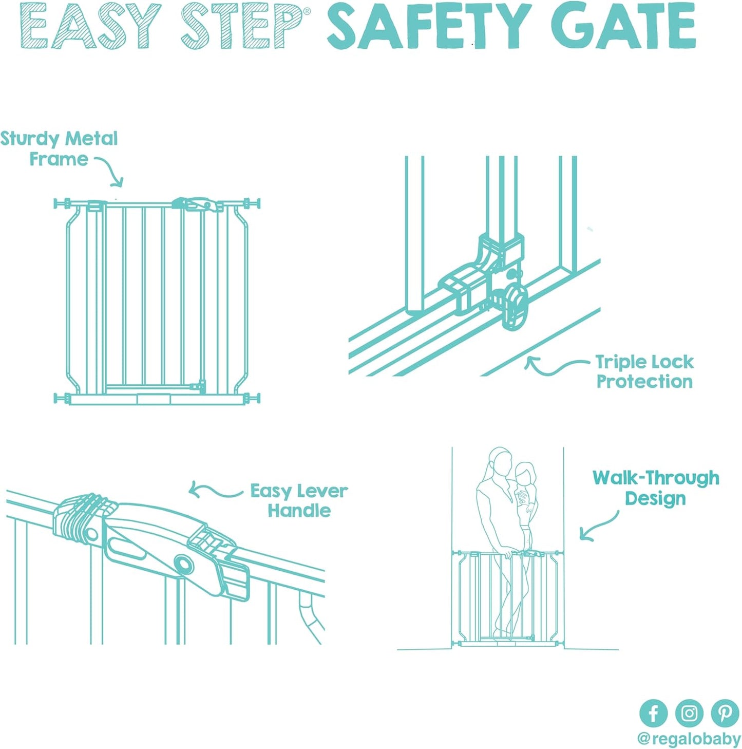 Safety 29"-49" Extra Wide Baby Gate, Bottom of Stairs & Doorways | Pressure Mounted with Door, For Babies, Toddlers & Pets, Platinum, Tested & Trusted for 30 Years