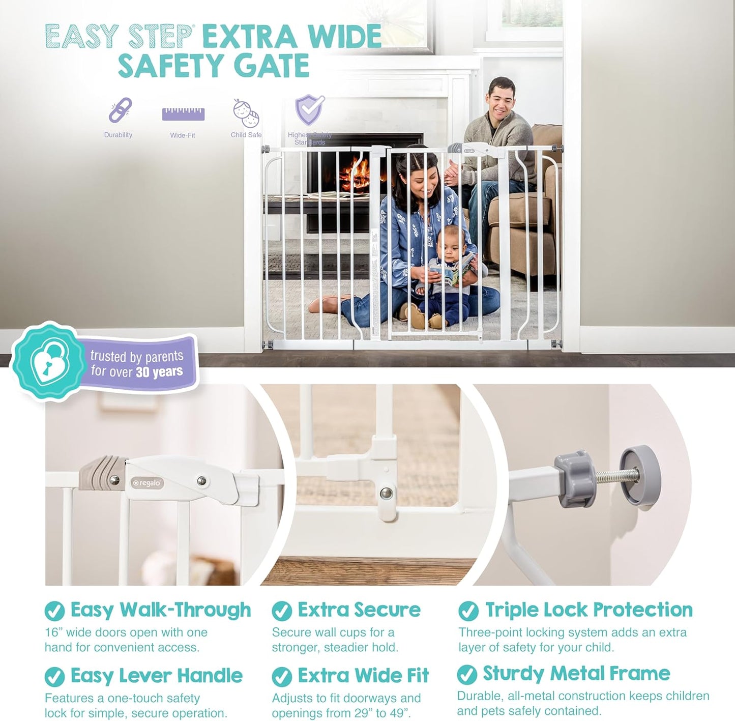 Safety 29"-49" Extra Wide Baby Gate, Bottom of Stairs & Doorways | Pressure Mounted with Door, For Babies, Toddlers & Pets, Platinum, Tested & Trusted for 30 Years