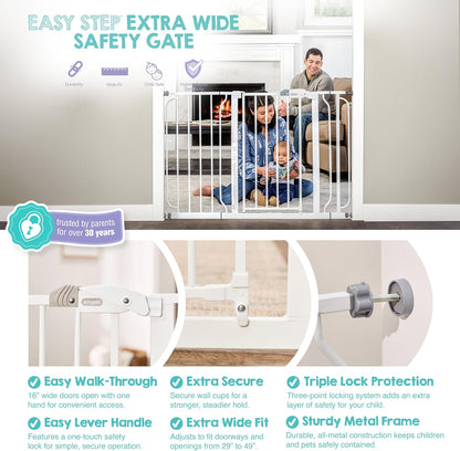 Safety 29"-49" Extra Wide Baby Gate, Bottom of Stairs & Doorways | Pressure Mounted with Door, For Babies, Toddlers & Pets, Platinum, Tested & Trusted for 30 Years