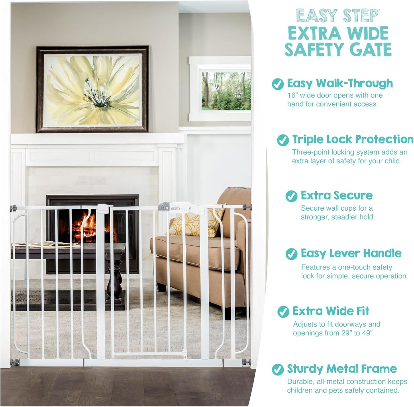 Safety 29"-49" Extra Wide Baby Gate, Bottom of Stairs & Doorways | Pressure Mounted with Door, For Babies, Toddlers & Pets, Platinum, Tested & Trusted for 30 Years