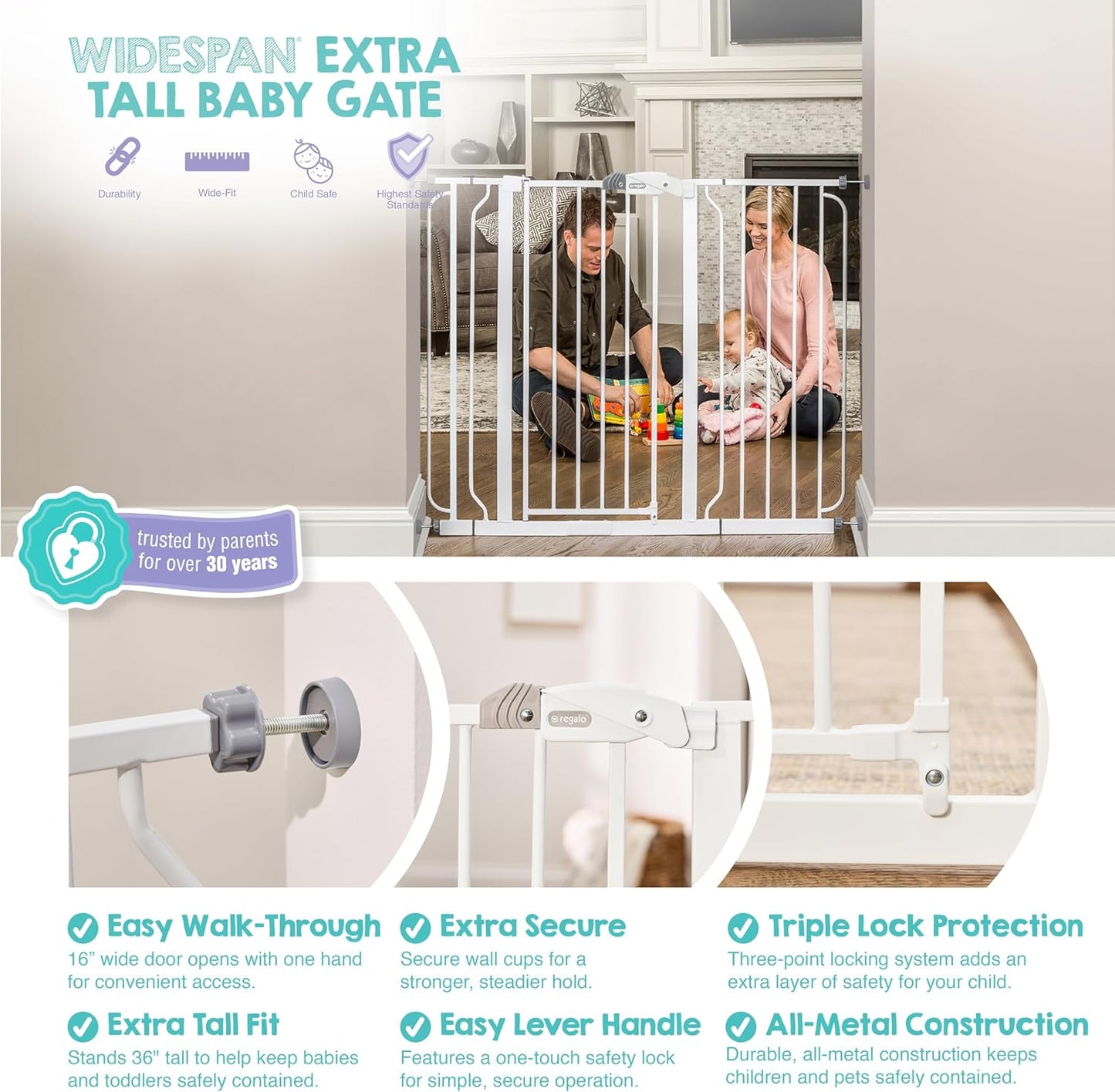 Safety 29"-49" Extra Wide Baby Gate, Bottom of Stairs & Doorways | Pressure Mounted with Door, For Babies, Toddlers & Pets, Platinum, Tested & Trusted for 30 Years