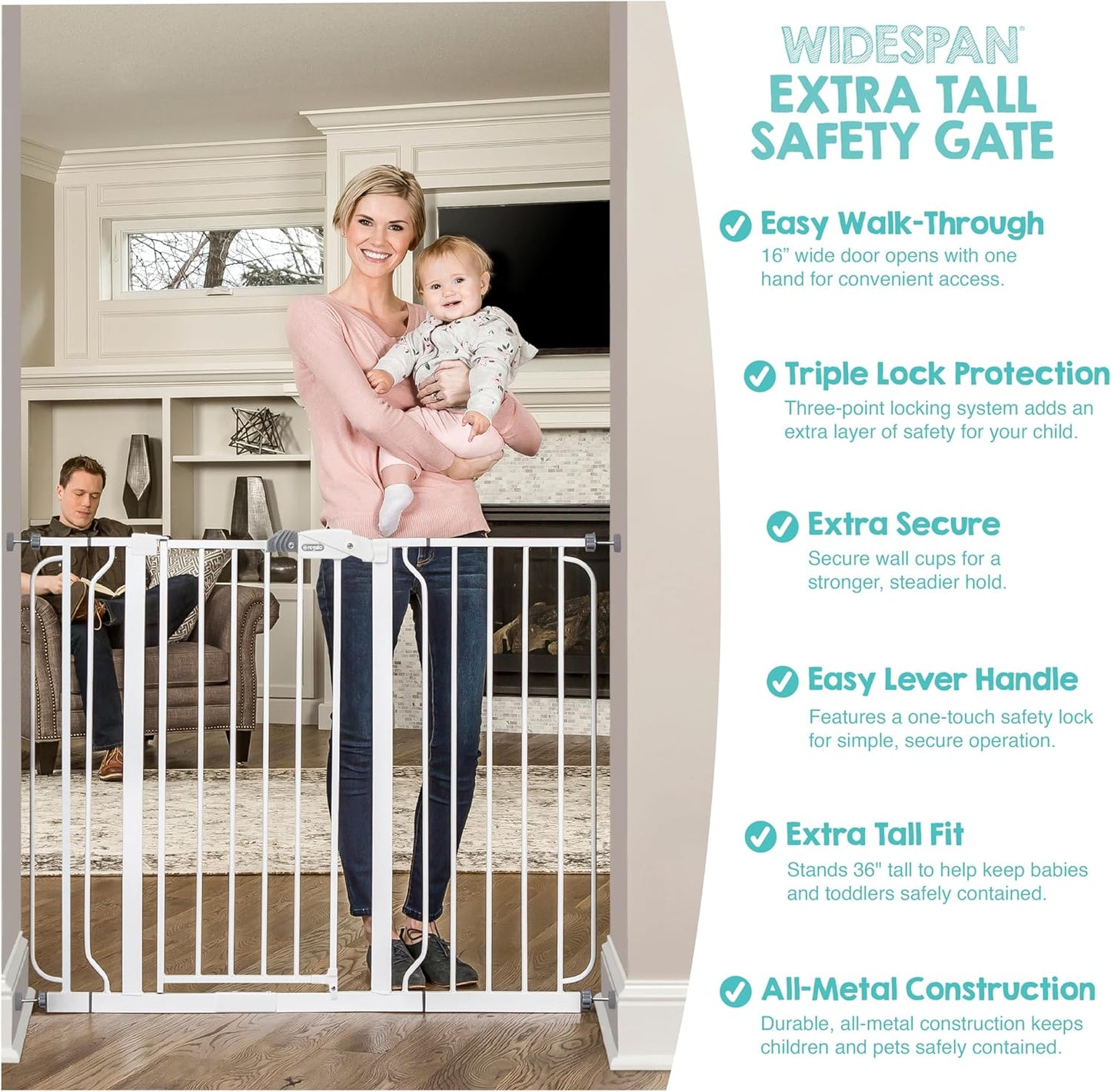 Safety 29"-49" Extra Wide Baby Gate, Bottom of Stairs & Doorways | Pressure Mounted with Door, For Babies, Toddlers & Pets, Platinum, Tested & Trusted for 30 Years