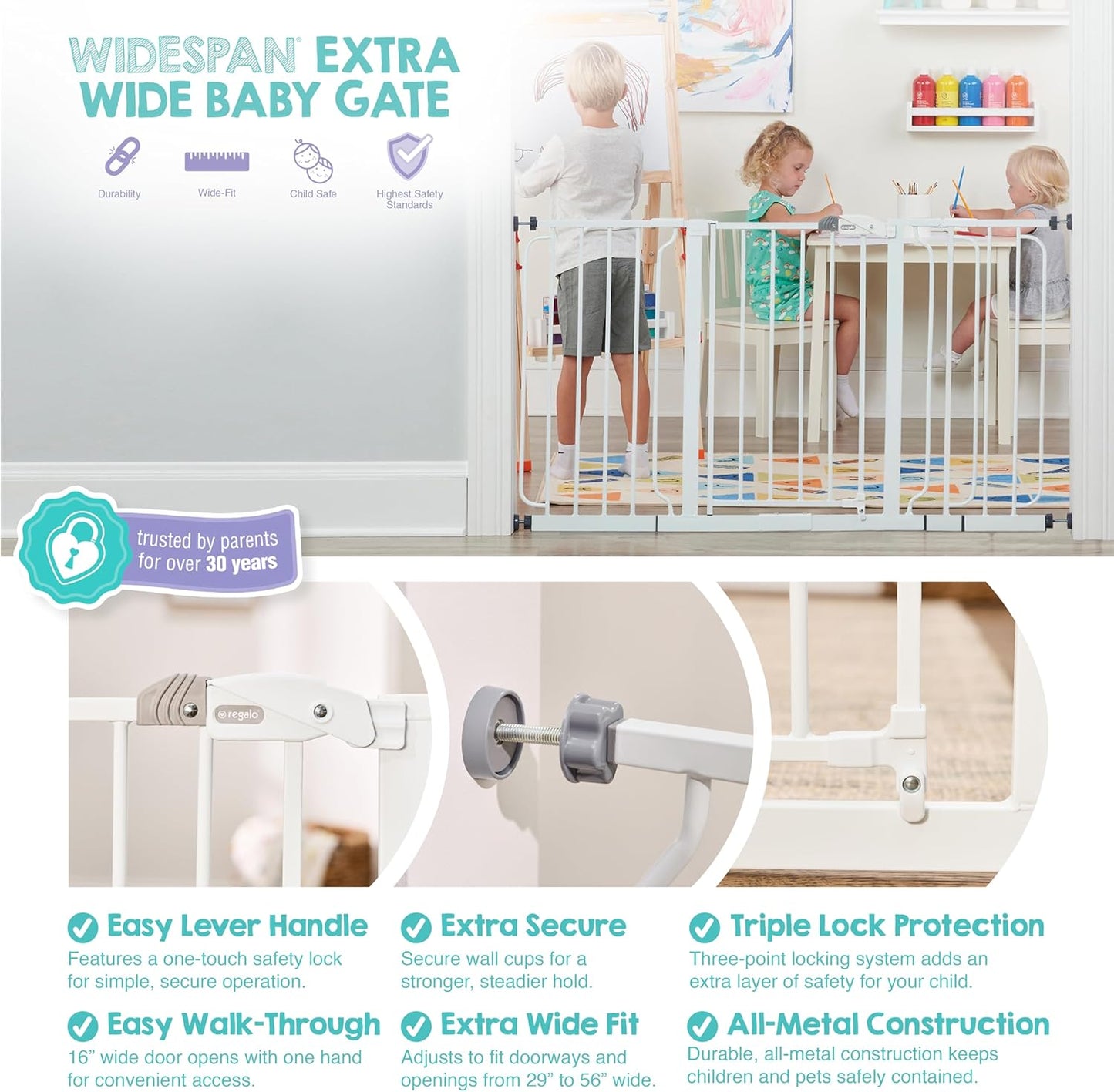 Safety 29"-49" Extra Wide Baby Gate, Bottom of Stairs & Doorways | Pressure Mounted with Door, For Babies, Toddlers & Pets, Platinum, Tested & Trusted for 30 Years