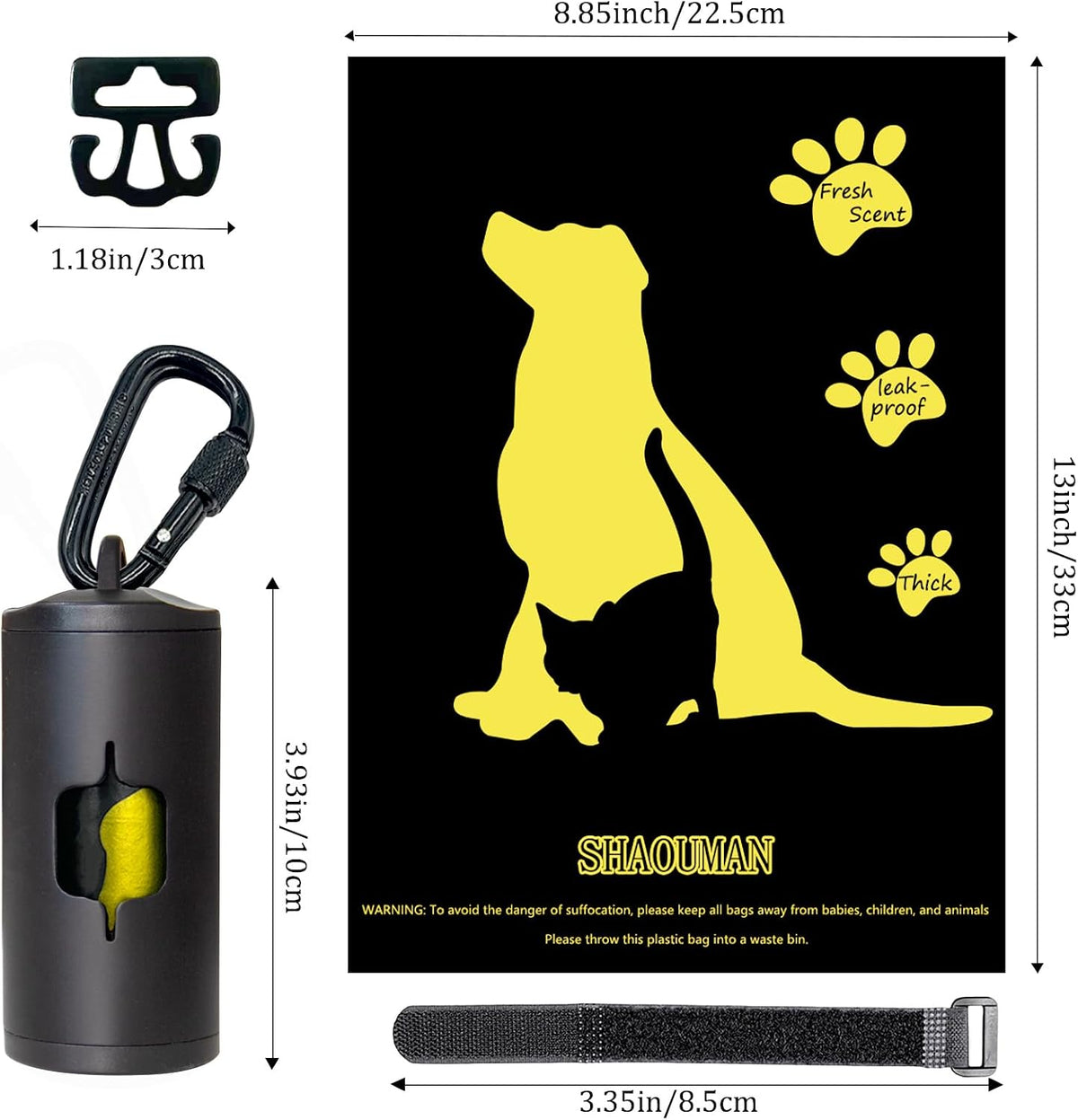 Metal Dog Poop Bag Holder 2-Pack w/Leash Clip|Durable Scratch-Resistant Aluminum|30 Bags+6 Accessories（Black）