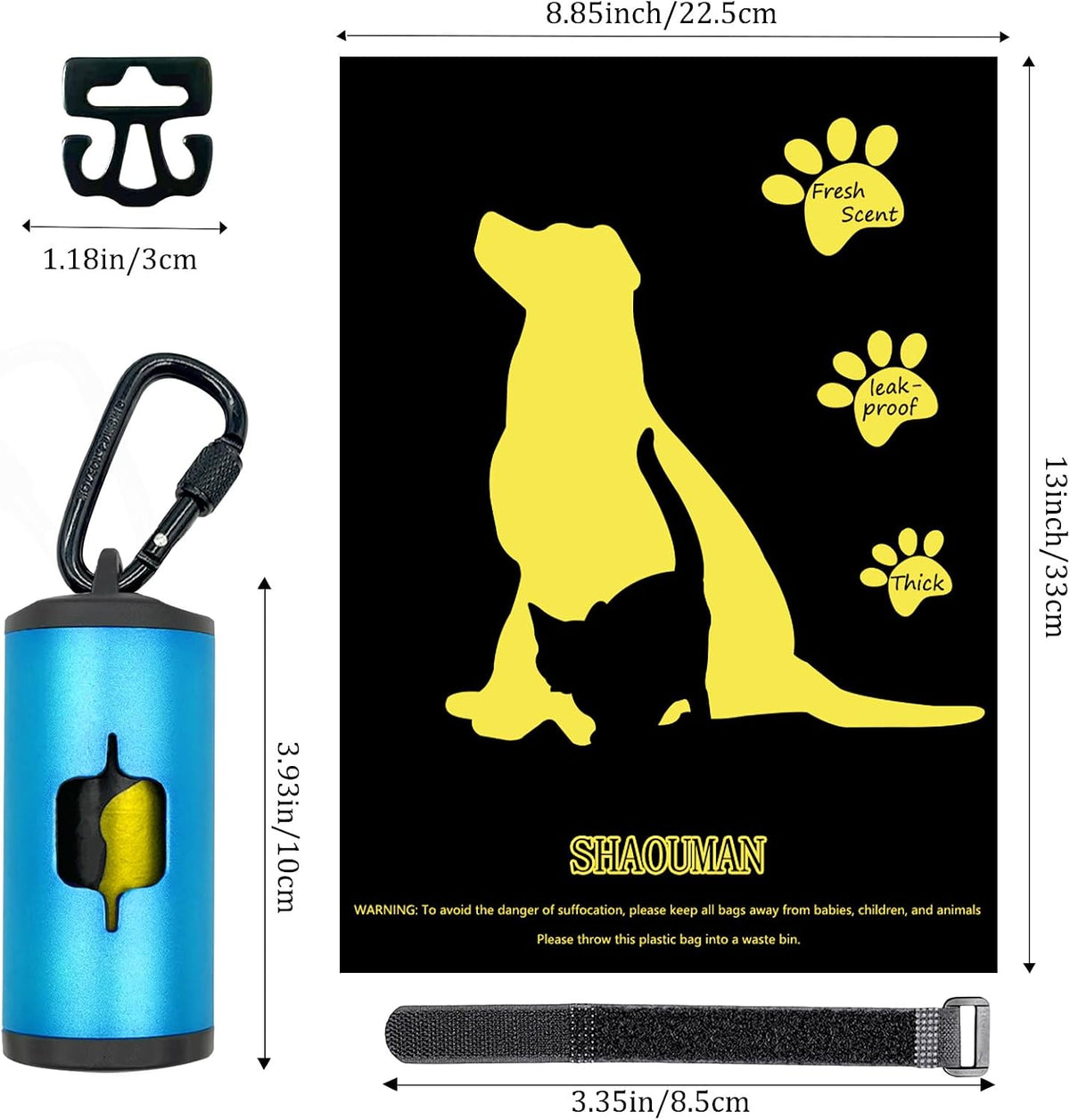 Metal Dog Poop Bag Holder 2-Pack w/Leash Clip|Durable Scratch-Resistant Aluminum|30 Bags+6 Accessories（Black）