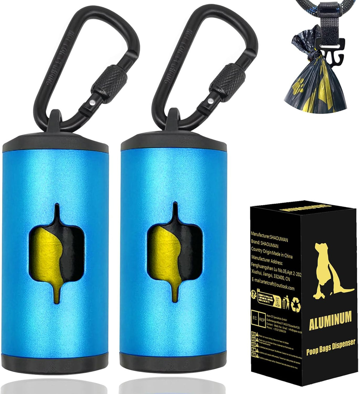 Metal Dog Poop Bag Holder 2-Pack w/Leash Clip|Durable Scratch-Resistant Aluminum|30 Bags+6 Accessories（Black）