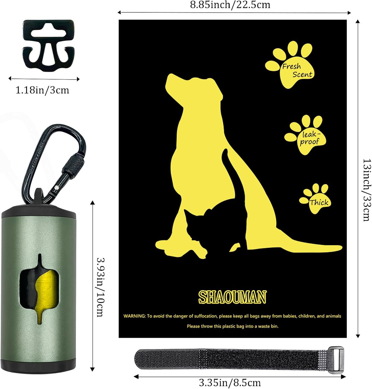 Metal Dog Poop Bag Holder 2-Pack w/Leash Clip|Durable Scratch-Resistant Aluminum|30 Bags+6 Accessories（Black）