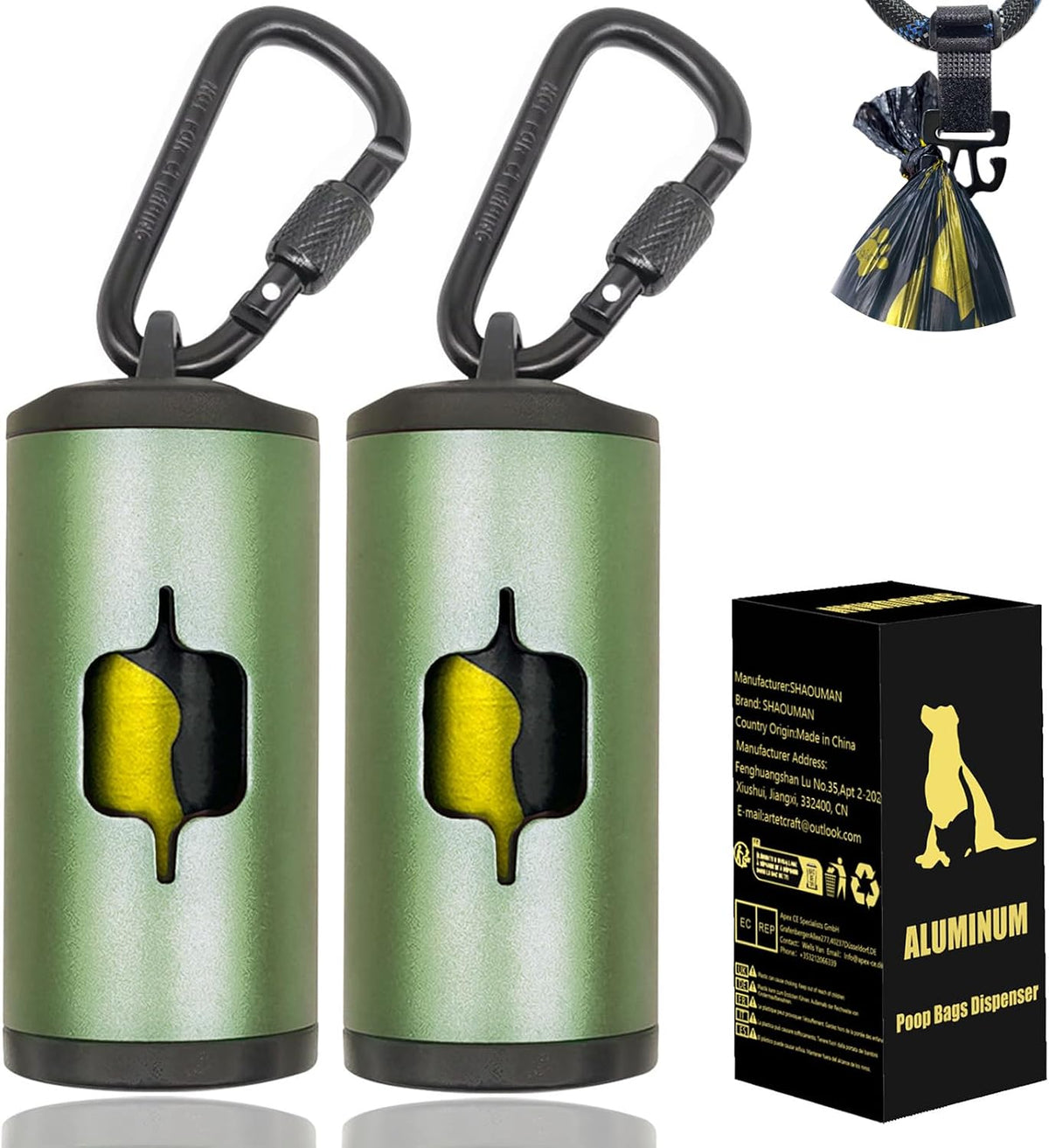 Metal Dog Poop Bag Holder 2-Pack w/Leash Clip|Durable Scratch-Resistant Aluminum|30 Bags+6 Accessories（Black）
