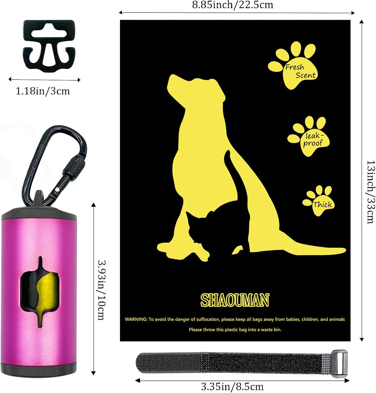 Metal Dog Poop Bag Holder 2-Pack w/Leash Clip|Durable Scratch-Resistant Aluminum|30 Bags+6 Accessories（Black）
