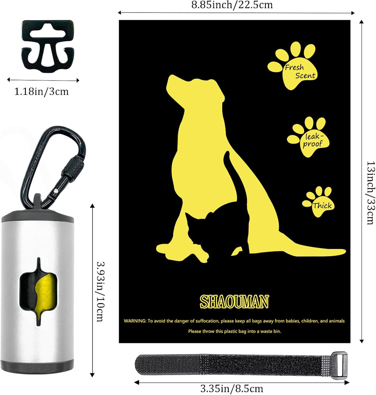 Metal Dog Poop Bag Holder 2-Pack w/Leash Clip|Durable Scratch-Resistant Aluminum|30 Bags+6 Accessories（Black）