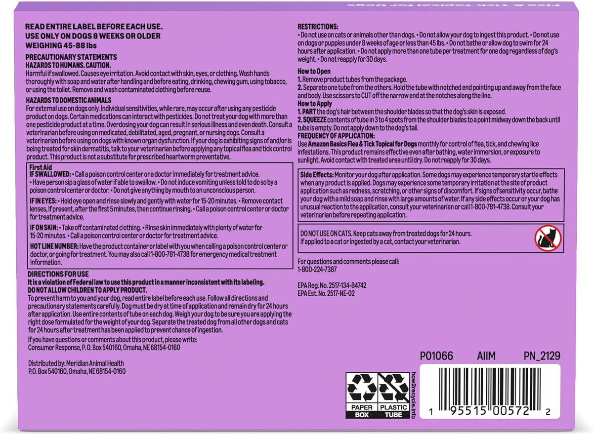 Flea and Tick Topical Treatment and Prevention for Large Dogs (45-88 lbs), Fast Acting and Long Lasting, Packaging May Vary