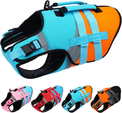 Dog Life Jacket with Rescue Handle, High Flotation Dogs Swim Vest with Reflective Strips,Adjustable Dog Life Vest for Swimming, Boating, Pool&Beach, Doggy Lifejacket for Small Medium Large Dogs
