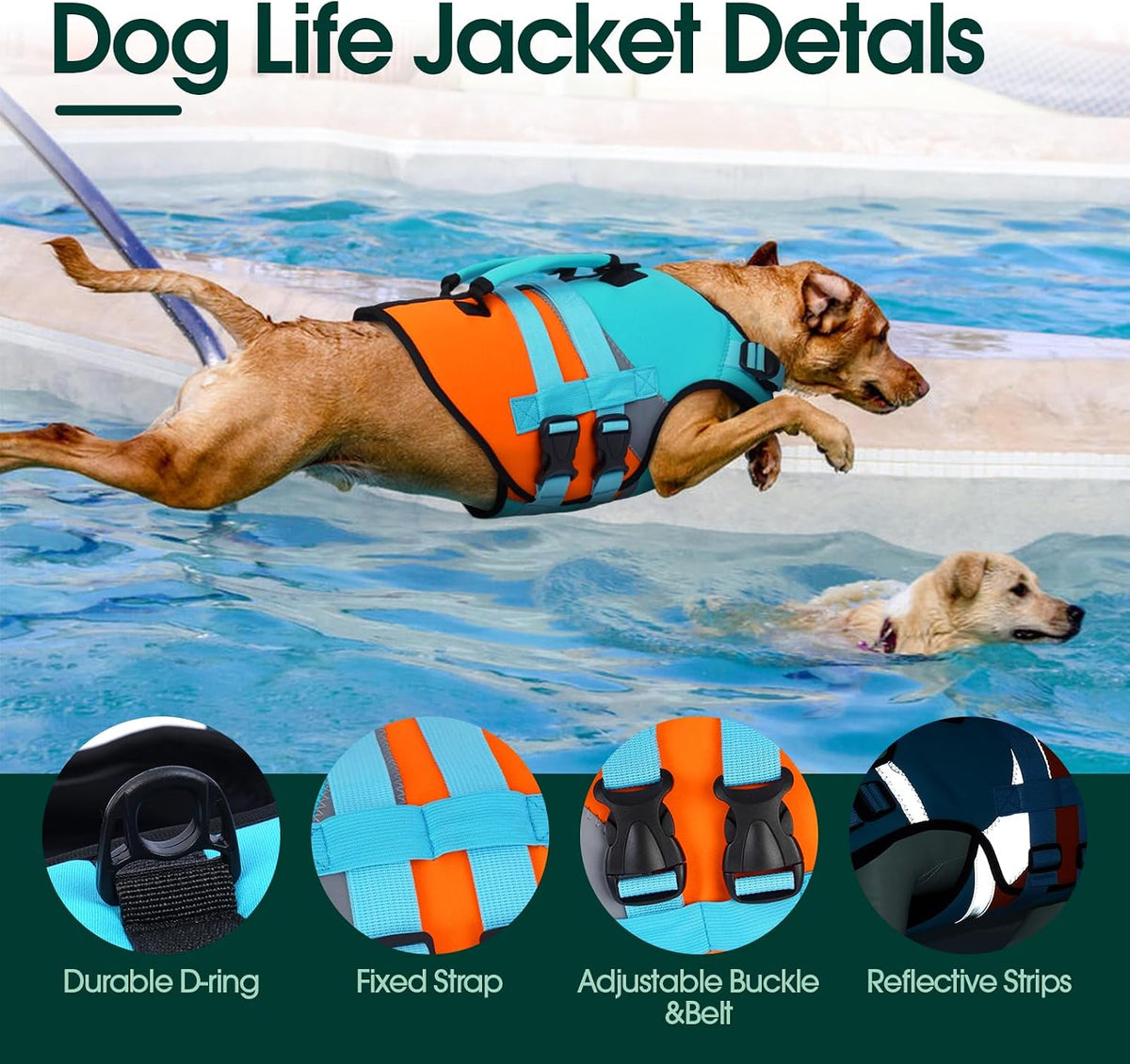 Dog Life Jacket with Rescue Handle, High Flotation Dogs Swim Vest with Reflective Strips,Adjustable Dog Life Vest for Swimming, Boating, Pool&Beach, Doggy Lifejacket for Small Medium Large Dogs