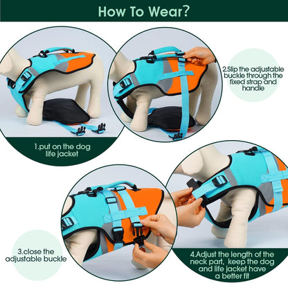Dog Life Jacket with Rescue Handle, High Flotation Dogs Swim Vest with Reflective Strips,Adjustable Dog Life Vest for Swimming, Boating, Pool&Beach, Doggy Lifejacket for Small Medium Large Dogs