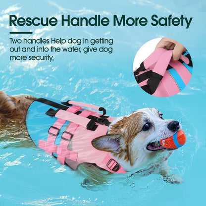 Dog Life Jacket with Rescue Handle, High Flotation Dogs Swim Vest with Reflective Strips,Adjustable Dog Life Vest for Swimming, Boating, Pool&Beach, Doggy Lifejacket for Small Medium Large Dogs
