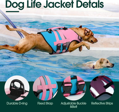 Dog Life Jacket with Rescue Handle, High Flotation Dogs Swim Vest with Reflective Strips,Adjustable Dog Life Vest for Swimming, Boating, Pool&Beach, Doggy Lifejacket for Small Medium Large Dogs