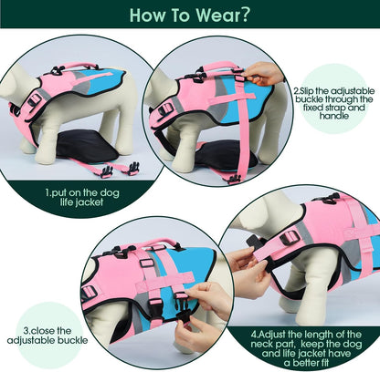 Dog Life Jacket with Rescue Handle, High Flotation Dogs Swim Vest with Reflective Strips,Adjustable Dog Life Vest for Swimming, Boating, Pool&Beach, Doggy Lifejacket for Small Medium Large Dogs