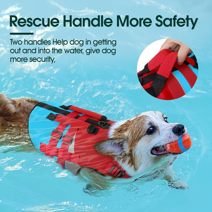 Dog Life Jacket with Rescue Handle, High Flotation Dogs Swim Vest with Reflective Strips,Adjustable Dog Life Vest for Swimming, Boating, Pool&Beach, Doggy Lifejacket for Small Medium Large Dogs