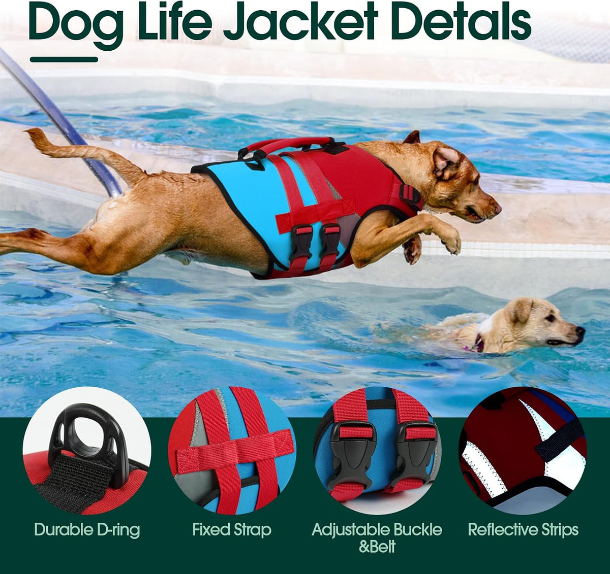 Dog Life Jacket with Rescue Handle, High Flotation Dogs Swim Vest with Reflective Strips,Adjustable Dog Life Vest for Swimming, Boating, Pool&Beach, Doggy Lifejacket for Small Medium Large Dogs