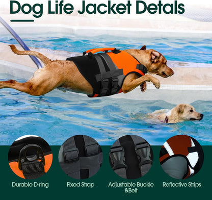 Dog Life Jacket with Rescue Handle, High Flotation Dogs Swim Vest with Reflective Strips,Adjustable Dog Life Vest for Swimming, Boating, Pool&Beach, Doggy Lifejacket for Small Medium Large Dogs