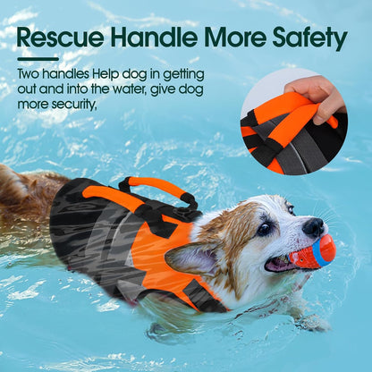 Dog Life Jacket with Rescue Handle, High Flotation Dogs Swim Vest with Reflective Strips,Adjustable Dog Life Vest for Swimming, Boating, Pool&Beach, Doggy Lifejacket for Small Medium Large Dogs