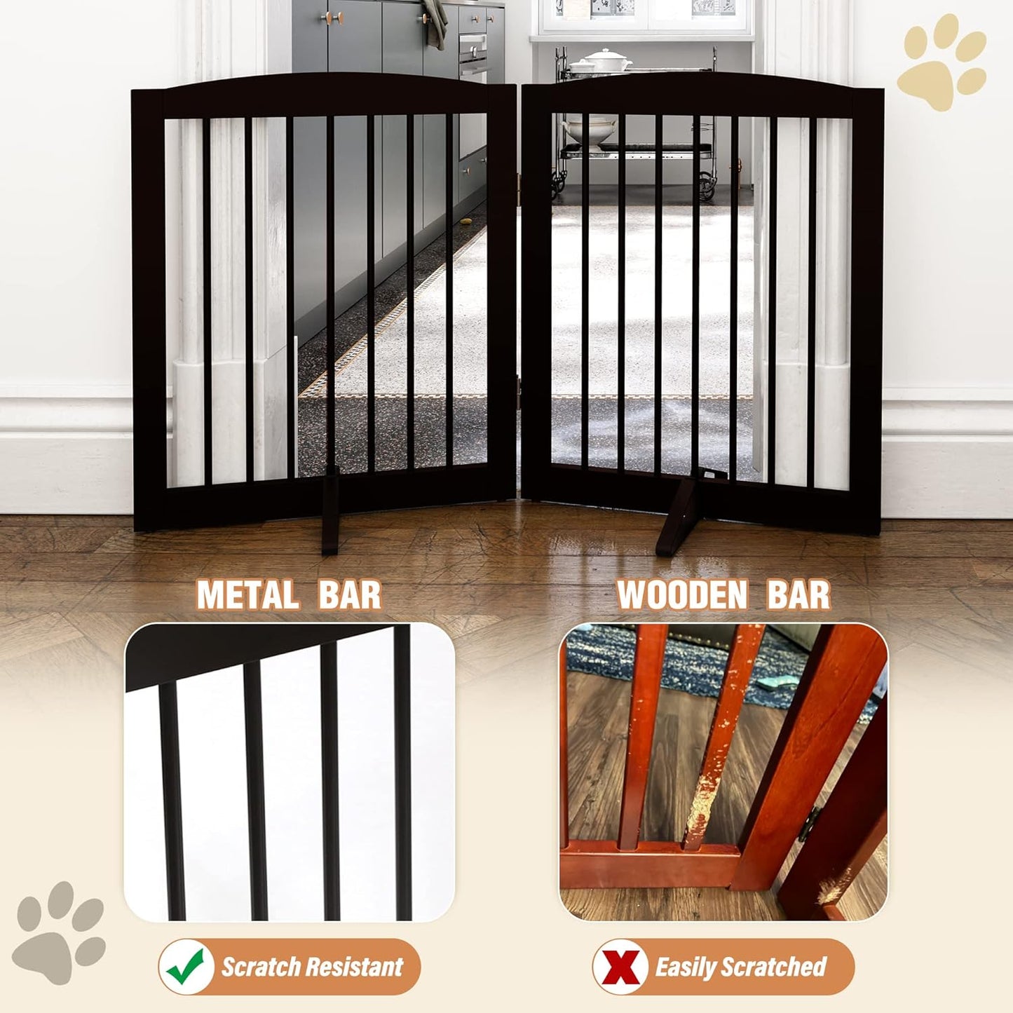 Freestanding Pet Gate for Dogs, Foldable Wooden Dog Gate for House, Indoor Dog Gate for Stair, Doorway, Gates for Dogs Indoor, 80 Inch Wide, 4 Panels 24",White