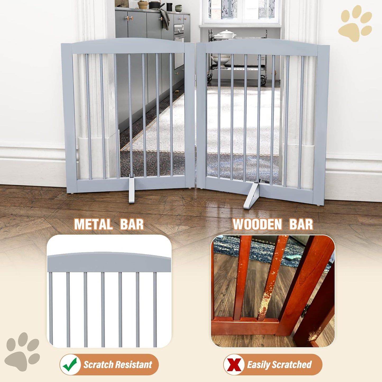 Freestanding Pet Gate for Dogs, Foldable Wooden Dog Gate for House, Indoor Dog Gate for Stair, Doorway, Gates for Dogs Indoor, 80 Inch Wide, 4 Panels 24",White
