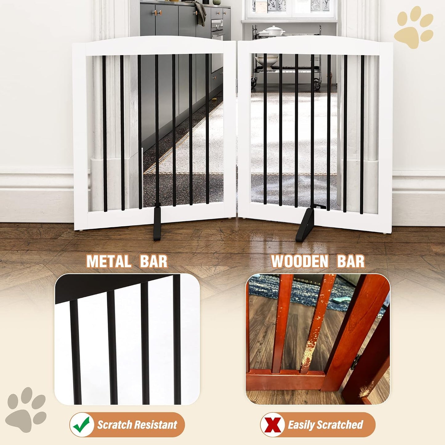 Freestanding Pet Gate for Dogs, Foldable Wooden Dog Gate for House, Indoor Dog Gate for Stair, Doorway, Gates for Dogs Indoor, 80 Inch Wide, 4 Panels 24",White