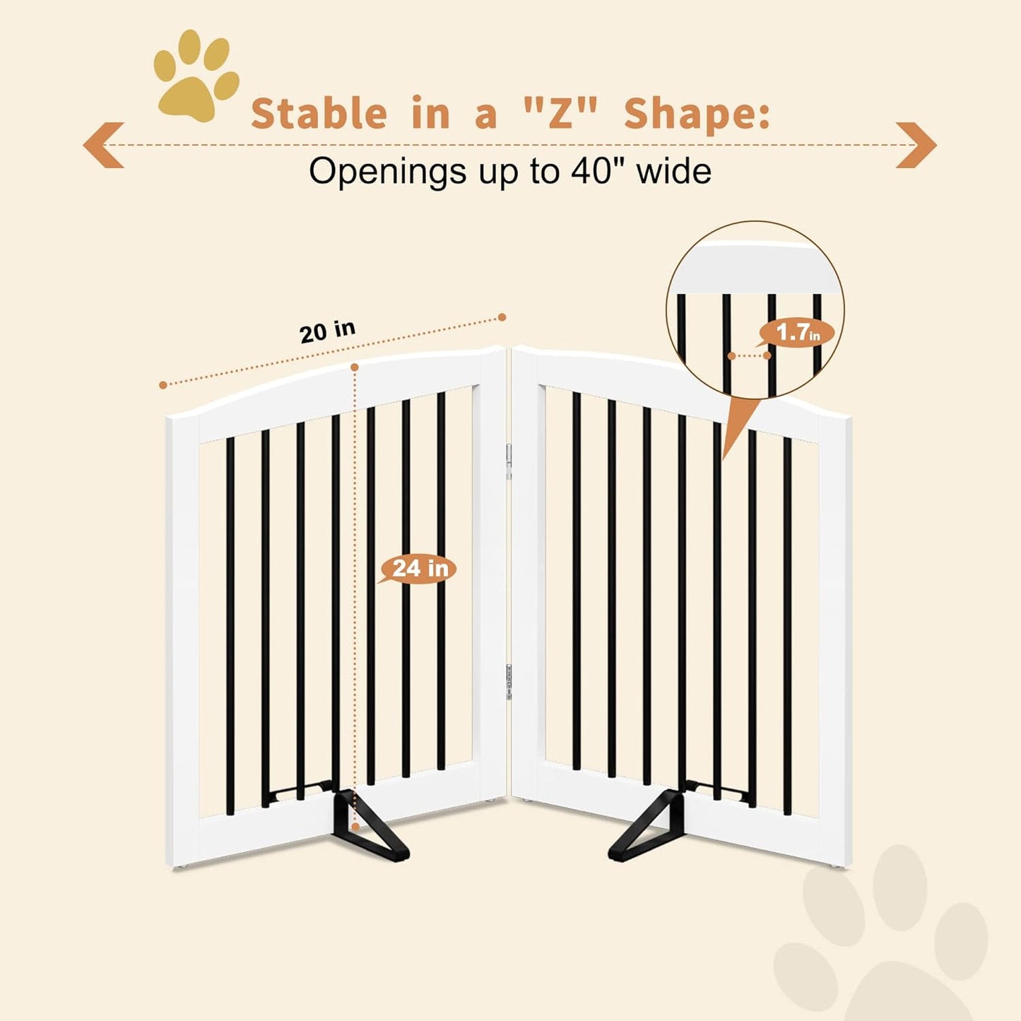 Freestanding Pet Gate for Dogs, Foldable Wooden Dog Gate for House, Indoor Dog Gate for Stair, Doorway, Gates for Dogs Indoor, 80 Inch Wide, 4 Panels 24",White