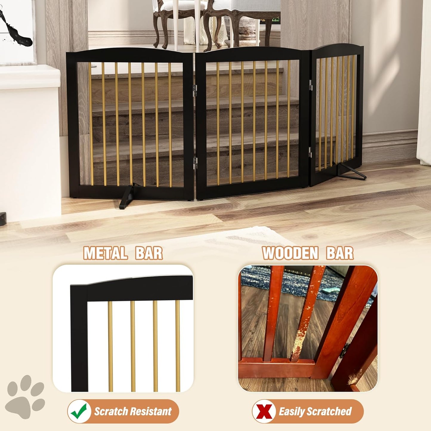Freestanding Pet Gate for Dogs, Foldable Wooden Dog Gate for House, Indoor Dog Gate for Stair, Doorway, Gates for Dogs Indoor, 80 Inch Wide, 4 Panels 24",White