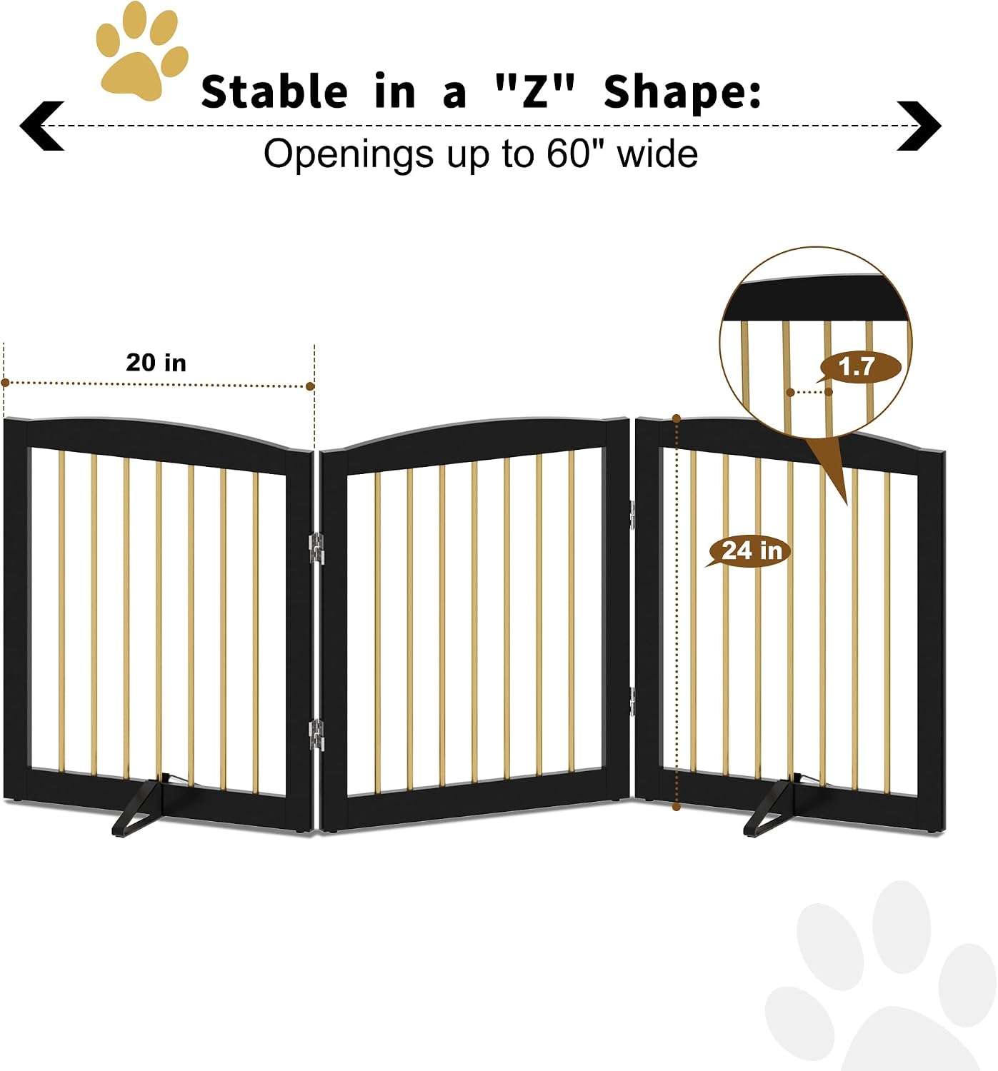 Freestanding Pet Gate for Dogs, Foldable Wooden Dog Gate for House, Indoor Dog Gate for Stair, Doorway, Gates for Dogs Indoor, 80 Inch Wide, 4 Panels 24",White
