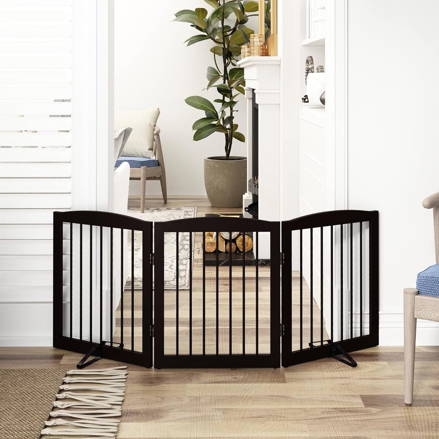 Freestanding Pet Gate for Dogs, Foldable Wooden Dog Gate for House, Indoor Dog Gate for Stair, Doorway, Gates for Dogs Indoor, 80 Inch Wide, 4 Panels 24",White