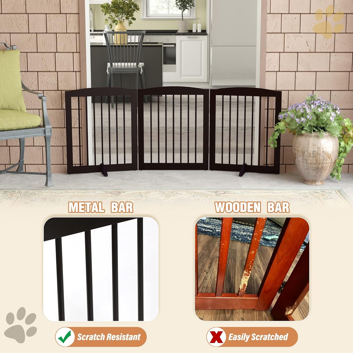 Freestanding Pet Gate for Dogs, Foldable Wooden Dog Gate for House, Indoor Dog Gate for Stair, Doorway, Gates for Dogs Indoor, 80 Inch Wide, 4 Panels 24",White