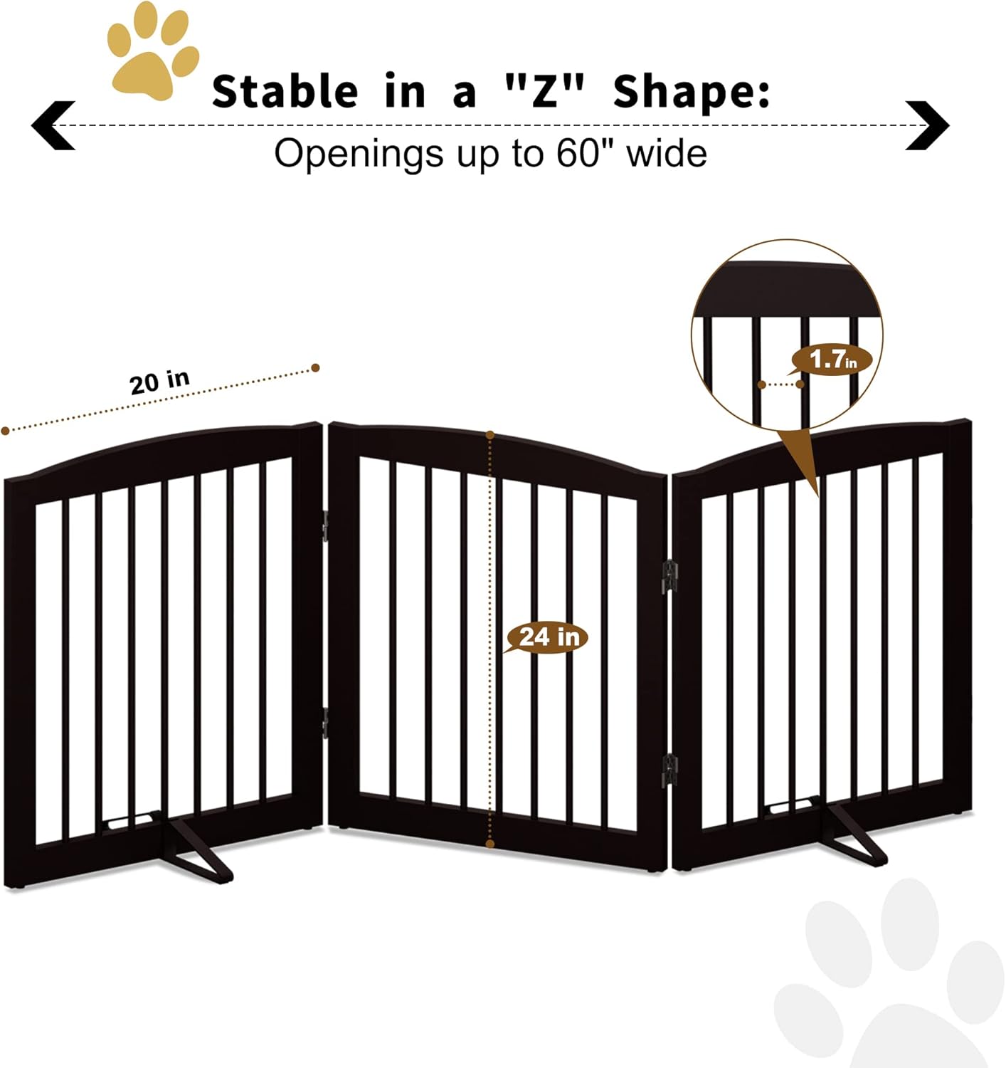 Freestanding Pet Gate for Dogs, Foldable Wooden Dog Gate for House, Indoor Dog Gate for Stair, Doorway, Gates for Dogs Indoor, 80 Inch Wide, 4 Panels 24",White