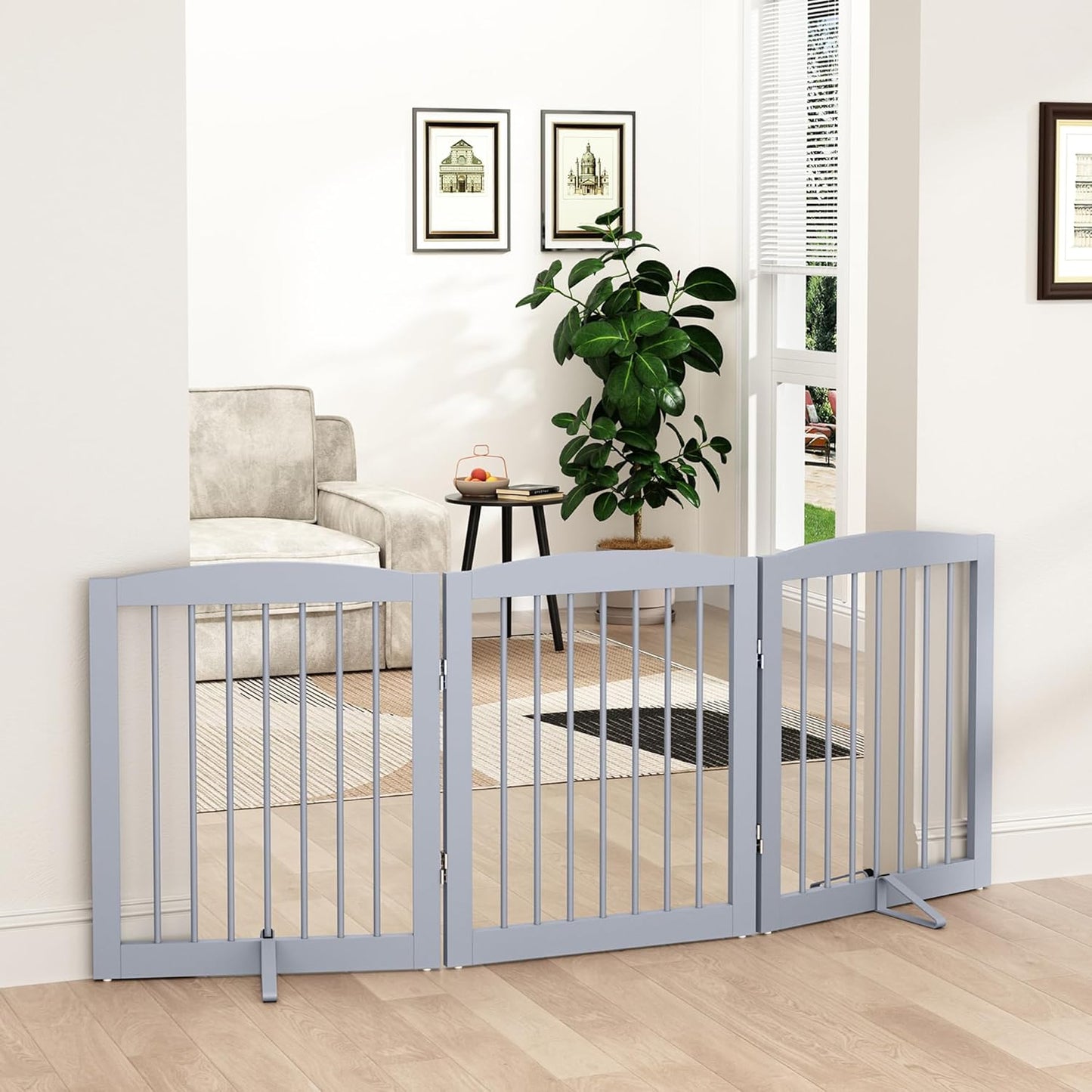 Freestanding Pet Gate for Dogs, Foldable Wooden Dog Gate for House, Indoor Dog Gate for Stair, Doorway, Gates for Dogs Indoor, 80 Inch Wide, 4 Panels 24",White