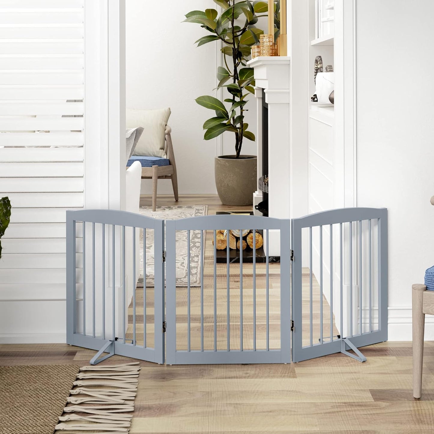 Freestanding Pet Gate for Dogs, Foldable Wooden Dog Gate for House, Indoor Dog Gate for Stair, Doorway, Gates for Dogs Indoor, 80 Inch Wide, 4 Panels 24",White