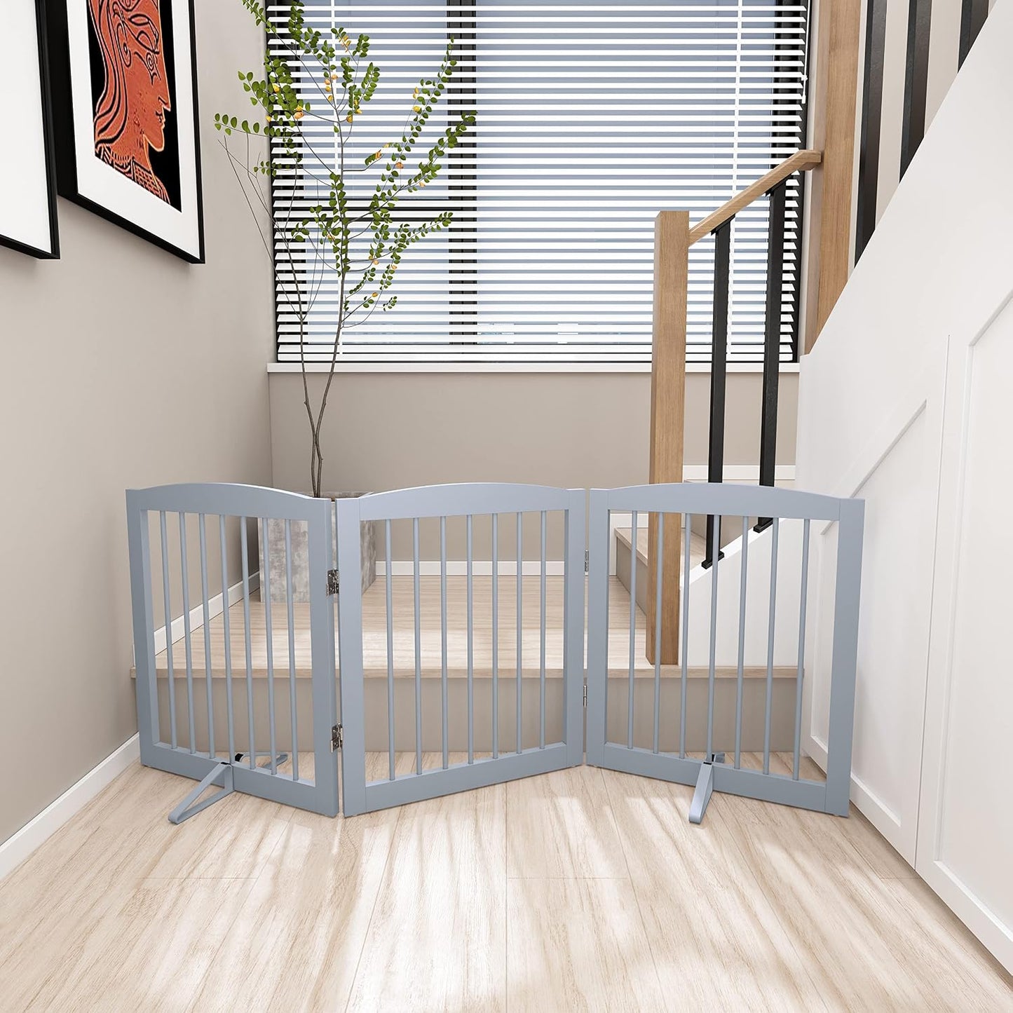 Freestanding Pet Gate for Dogs, Foldable Wooden Dog Gate for House, Indoor Dog Gate for Stair, Doorway, Gates for Dogs Indoor, 80 Inch Wide, 4 Panels 24",White