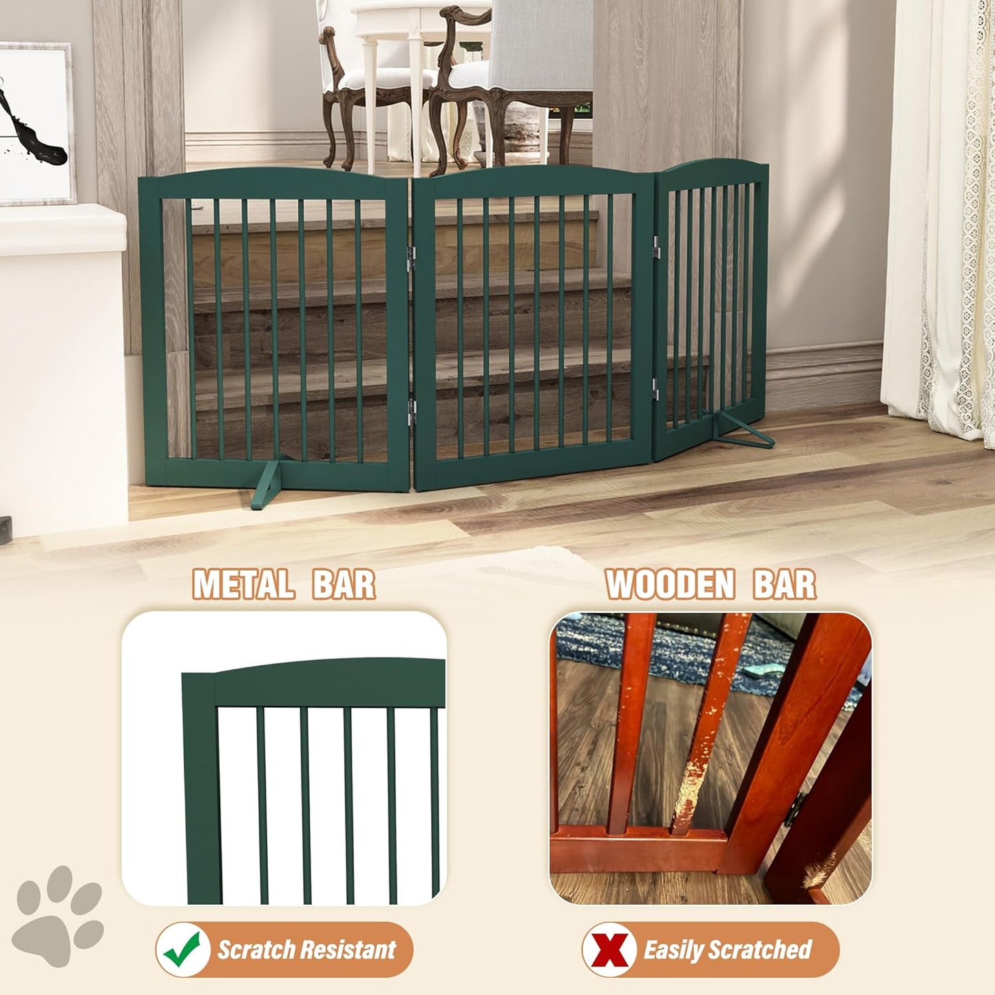 Freestanding Pet Gate for Dogs, Foldable Wooden Dog Gate for House, Indoor Dog Gate for Stair, Doorway, Gates for Dogs Indoor, 80 Inch Wide, 4 Panels 24",White