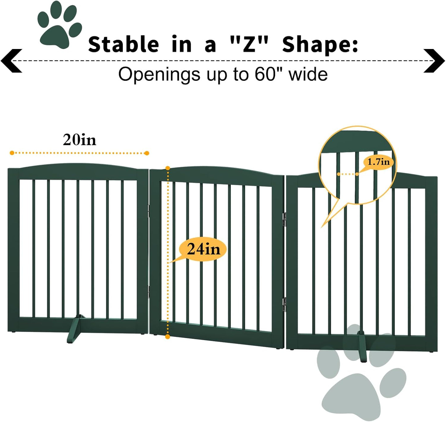 Freestanding Pet Gate for Dogs, Foldable Wooden Dog Gate for House, Indoor Dog Gate for Stair, Doorway, Gates for Dogs Indoor, 80 Inch Wide, 4 Panels 24",White