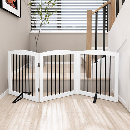 Freestanding Pet Gate for Dogs, Foldable Wooden Dog Gate for House, Indoor Dog Gate for Stair, Doorway, Gates for Dogs Indoor, 80 Inch Wide, 4 Panels 24",White