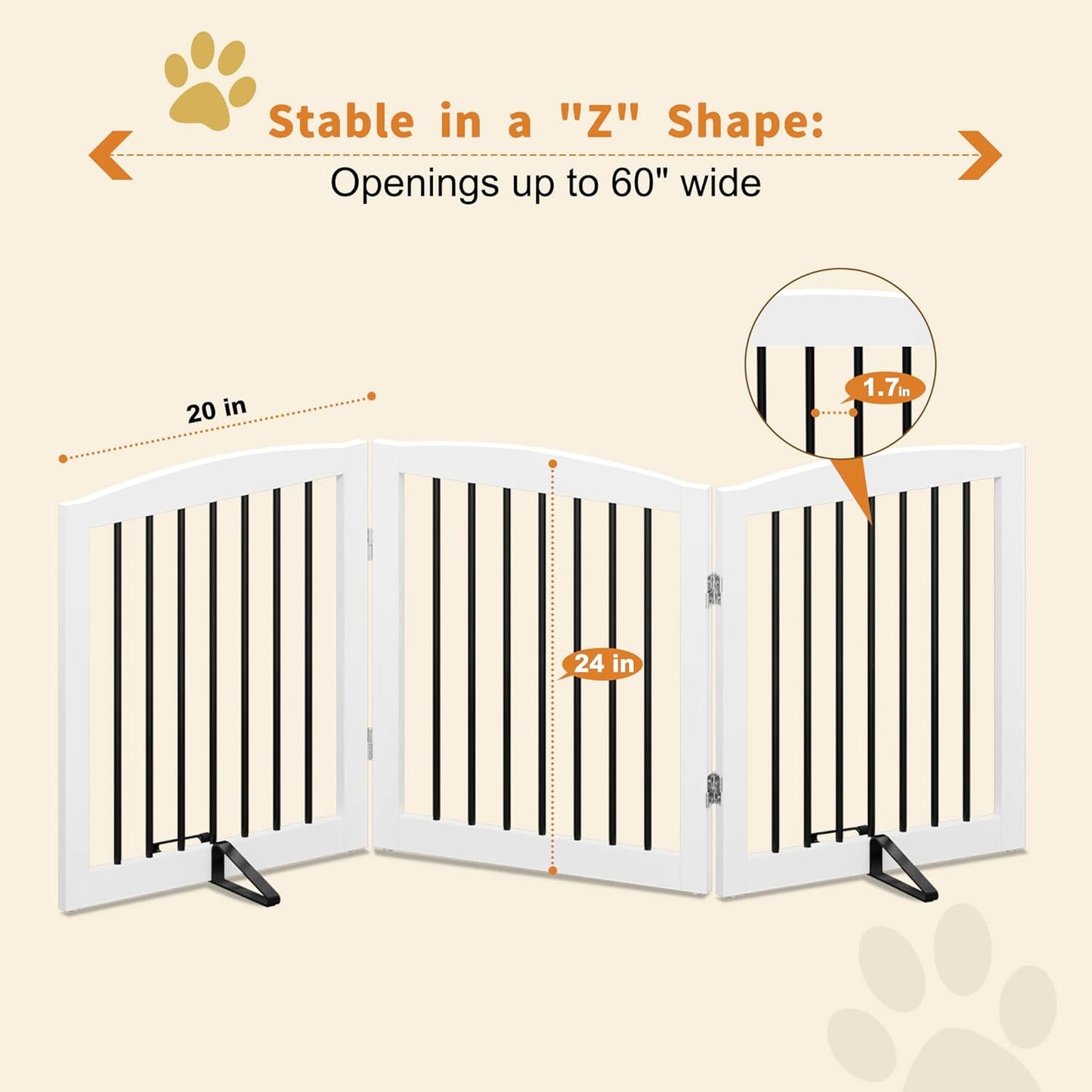 Freestanding Pet Gate for Dogs, Foldable Wooden Dog Gate for House, Indoor Dog Gate for Stair, Doorway, Gates for Dogs Indoor, 80 Inch Wide, 4 Panels 24",White