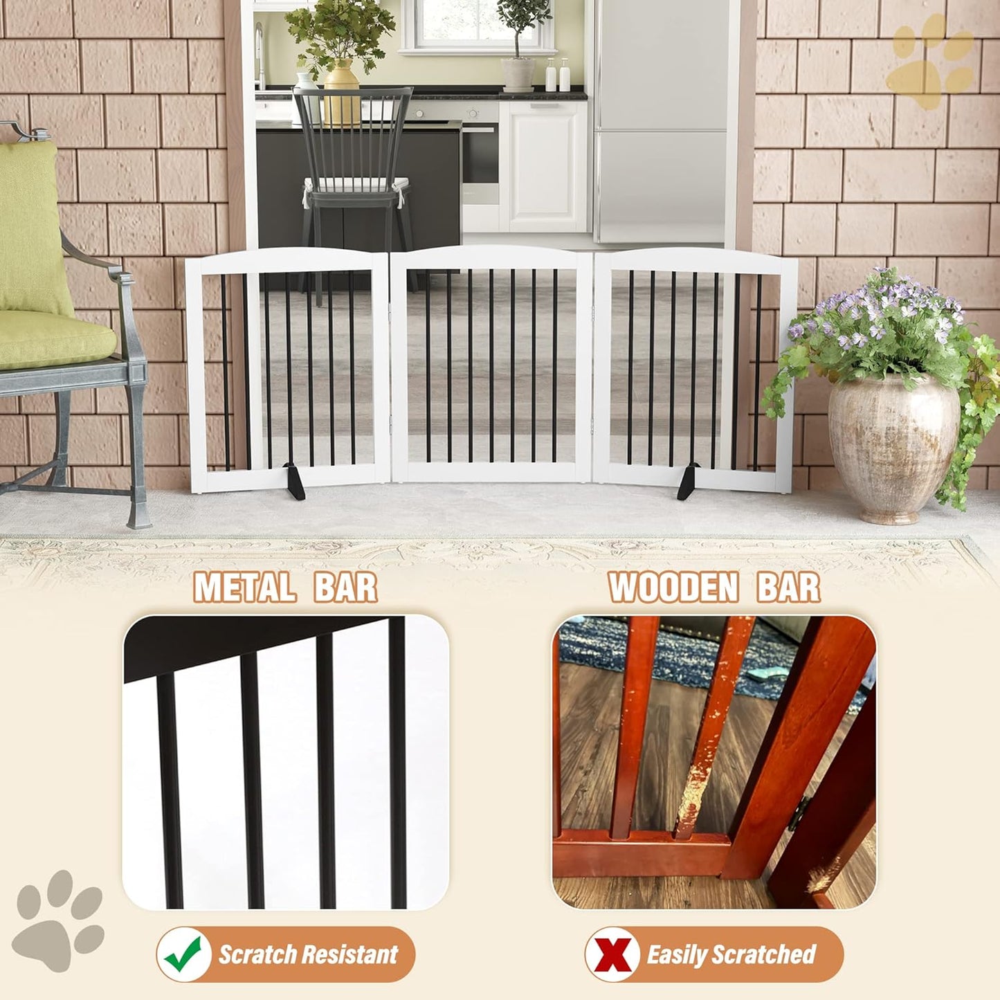 Freestanding Pet Gate for Dogs, Foldable Wooden Dog Gate for House, Indoor Dog Gate for Stair, Doorway, Gates for Dogs Indoor, 80 Inch Wide, 4 Panels 24",White